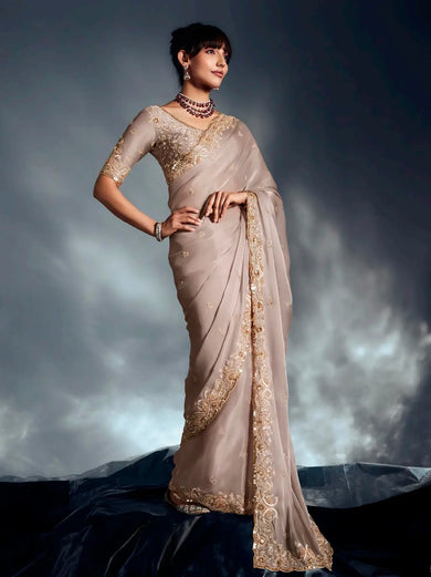 Glamorous Beige Border Work Organza Traditional Saree With Blouse