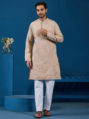 Stylish Beige Thread Embroidered Silk Wedding Wear Men Kurta