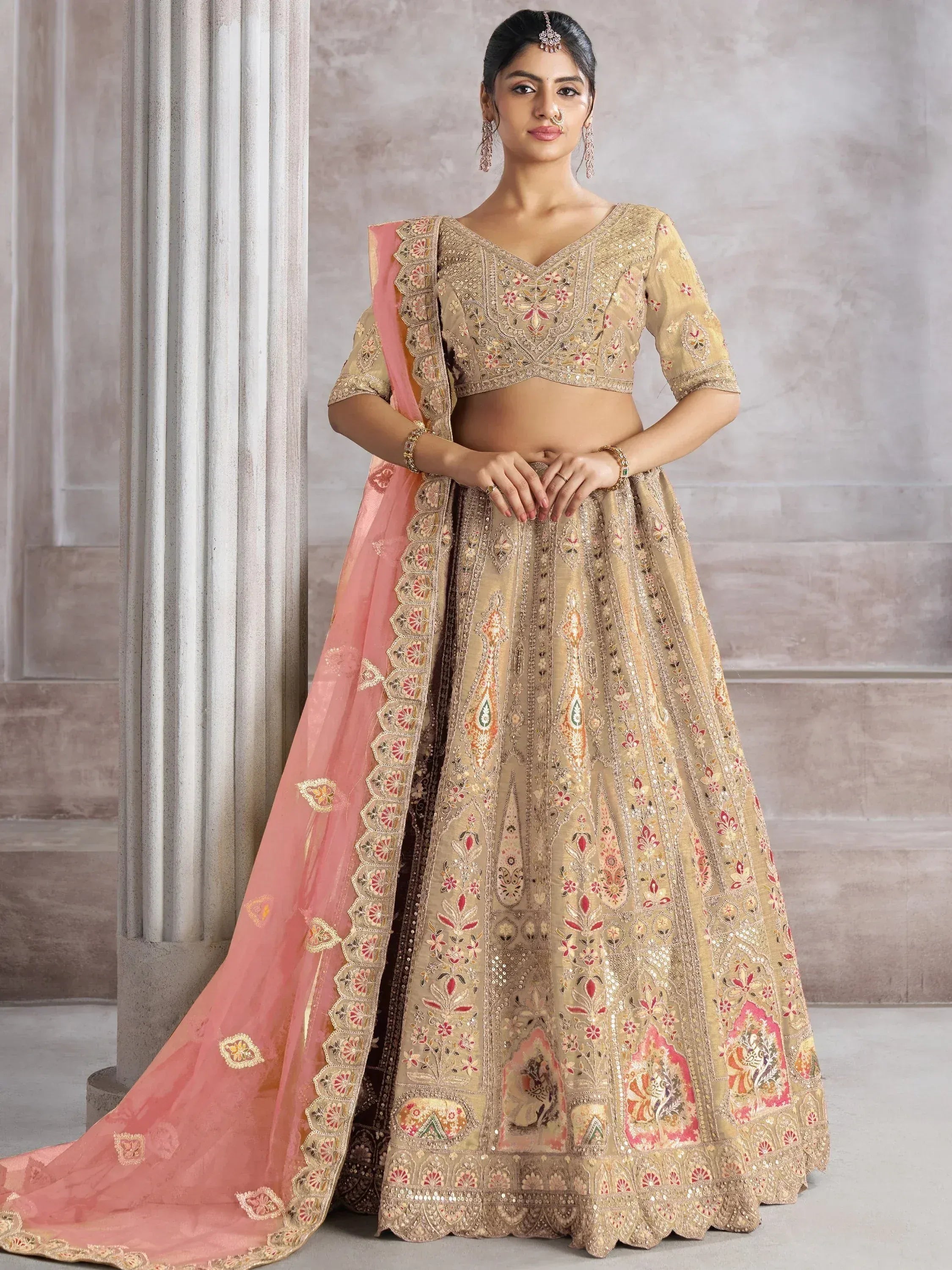 Beige embroidered lehenga choli with pink dupatta, Indian ethnic wear for weddings and festivals