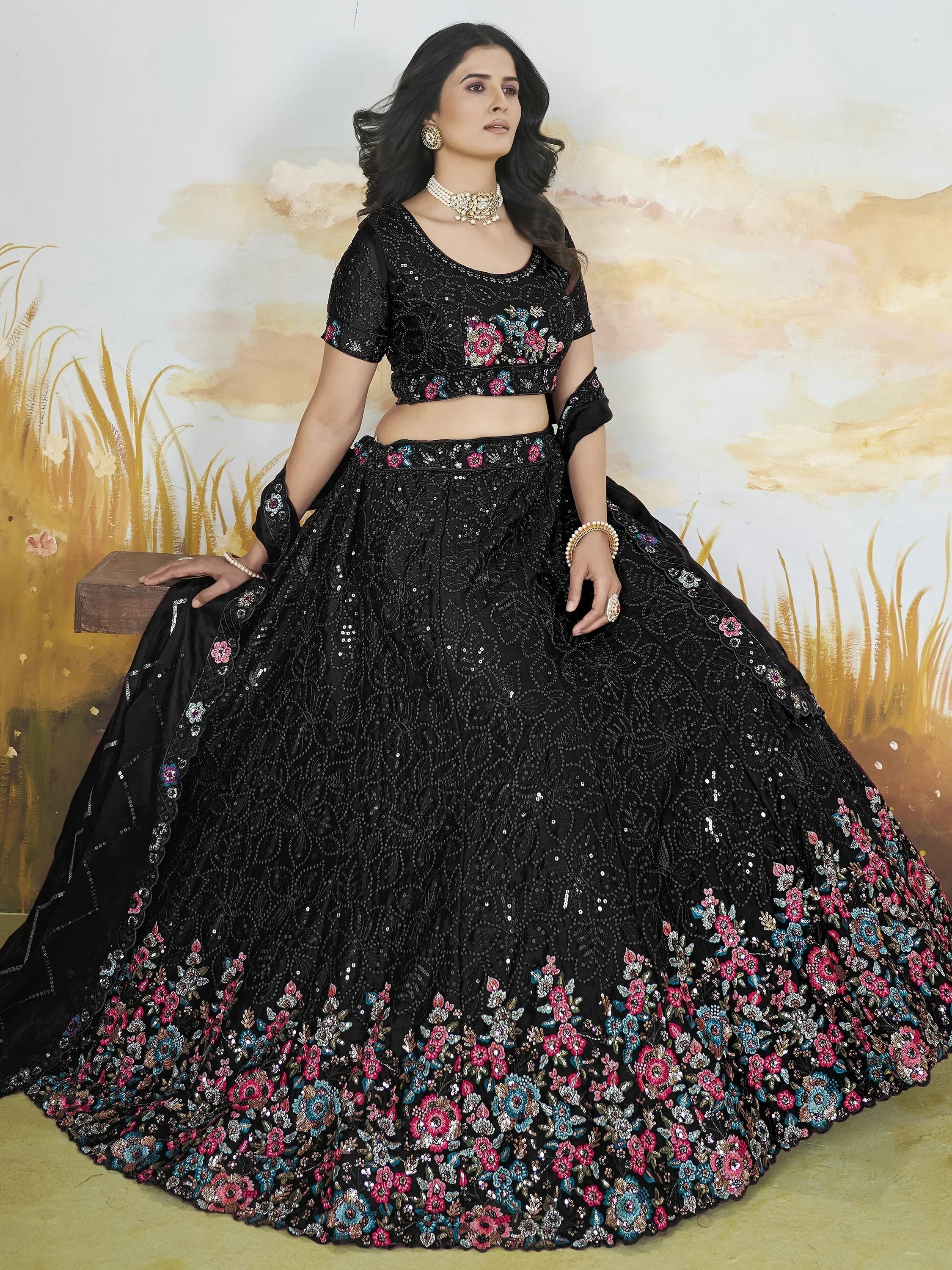 Bewitching Black Sequins Chinon Reception Wear Lehenga Choli - Ethnic Plus In