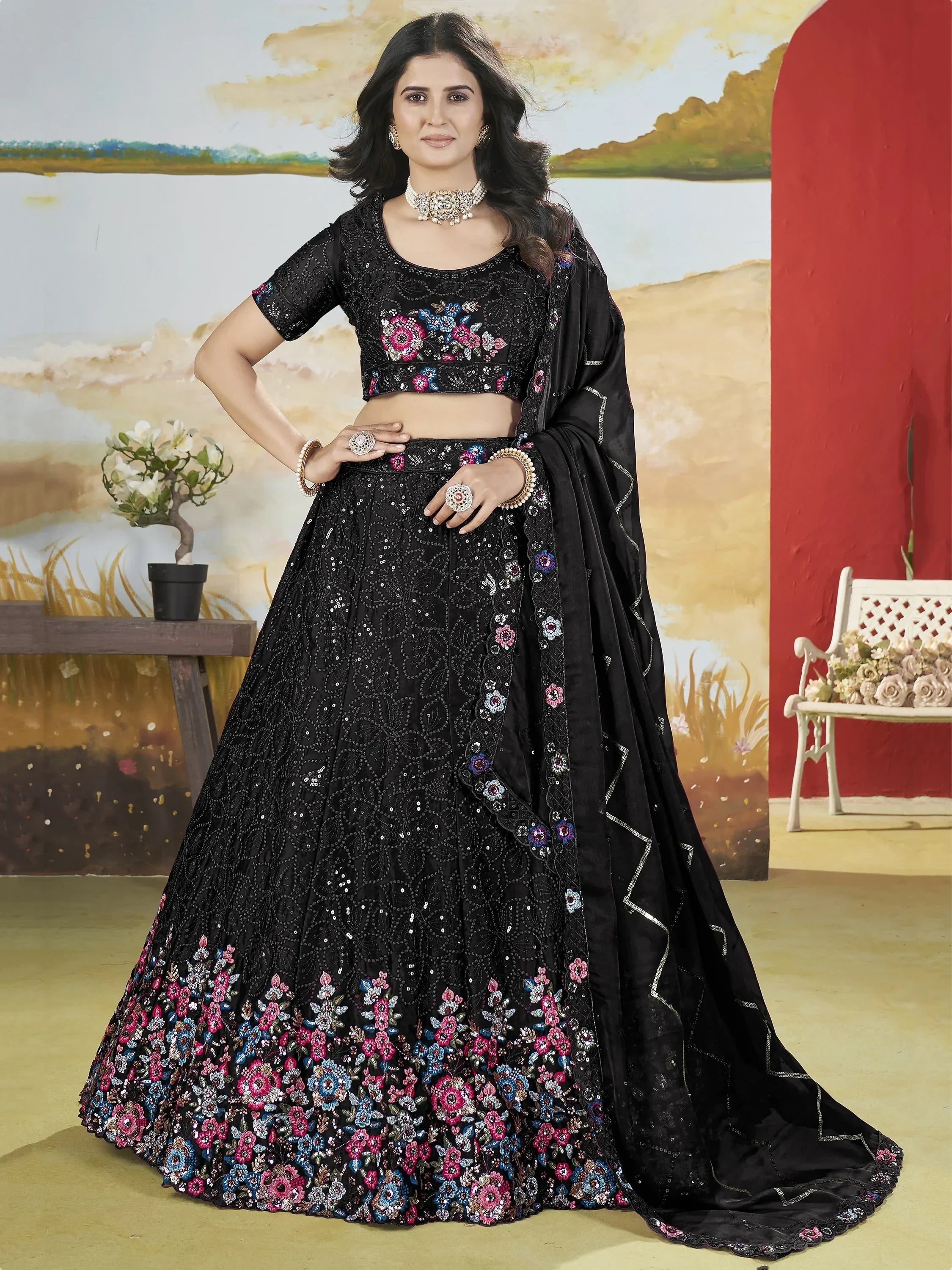 Bewitching Black Sequins Chinon Reception Wear Lehenga Choli - Ethnic Plus In