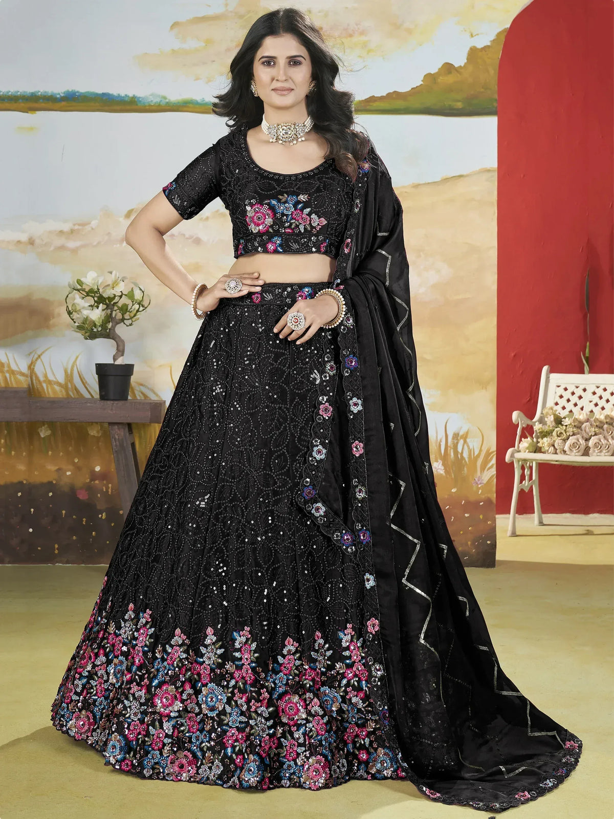 Black floral embroidered lehenga choli with sequins, perfect for Indian ethnic wear occasions