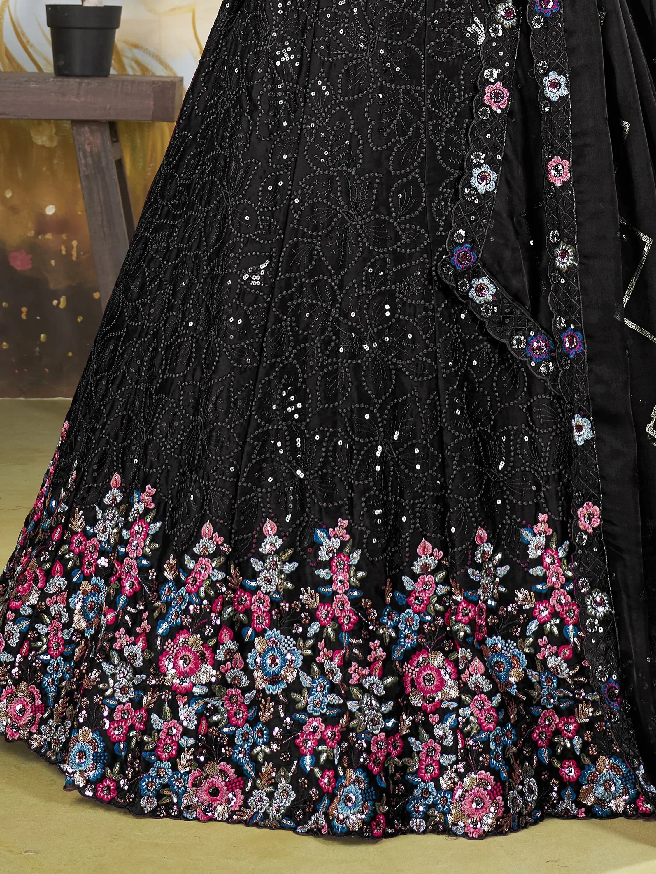 Bewitching Black Sequins Chinon Reception Wear Lehenga Choli - Ethnic Plus In