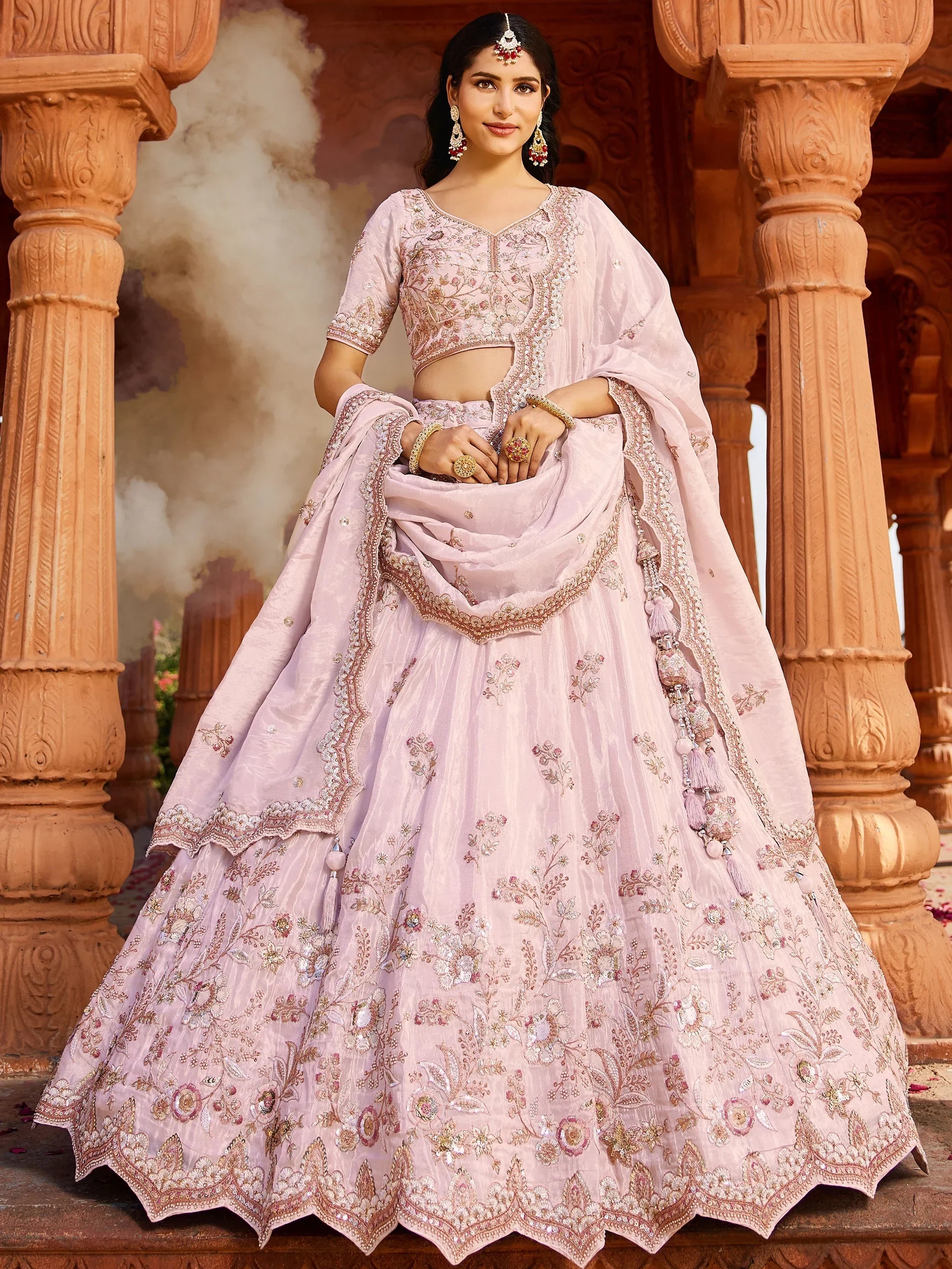 Bewitching Coral Pink Tissue Silk Bridesmaid Pastel Lehenga Choli - Ethnic Plus In
