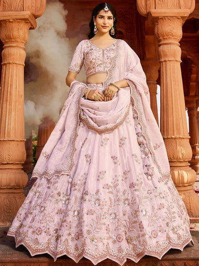 Bewitching Coral Pink Tissue Silk Bridesmaid Pastel Lehenga Choli - Ethnic Plus In