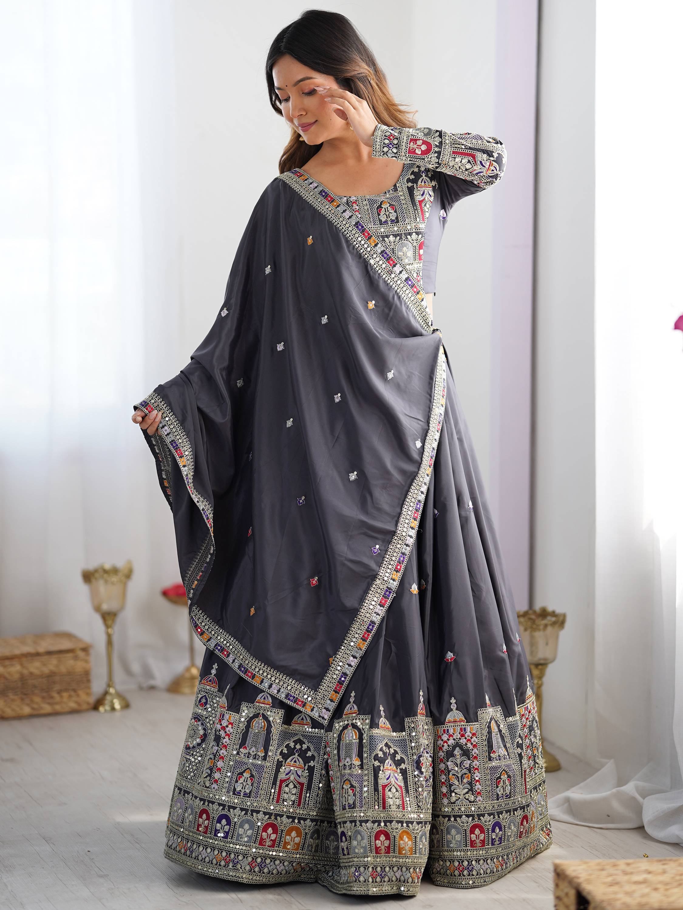Grey embroidered lehenga choli with mirror work, Indian ethnic wear for women