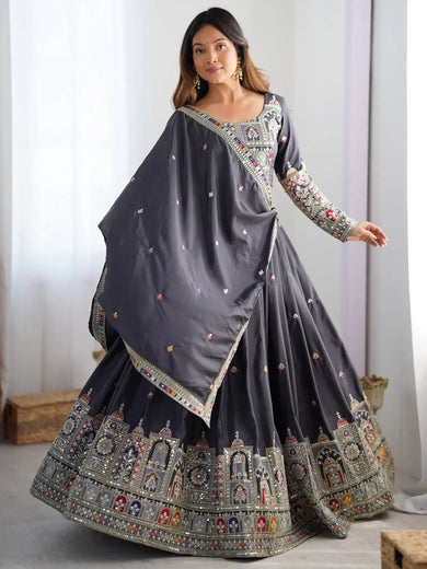 Bewitching Grey Thread Embroidered Silk Lehenga Choli With Dupatta - Ethnic Plus In