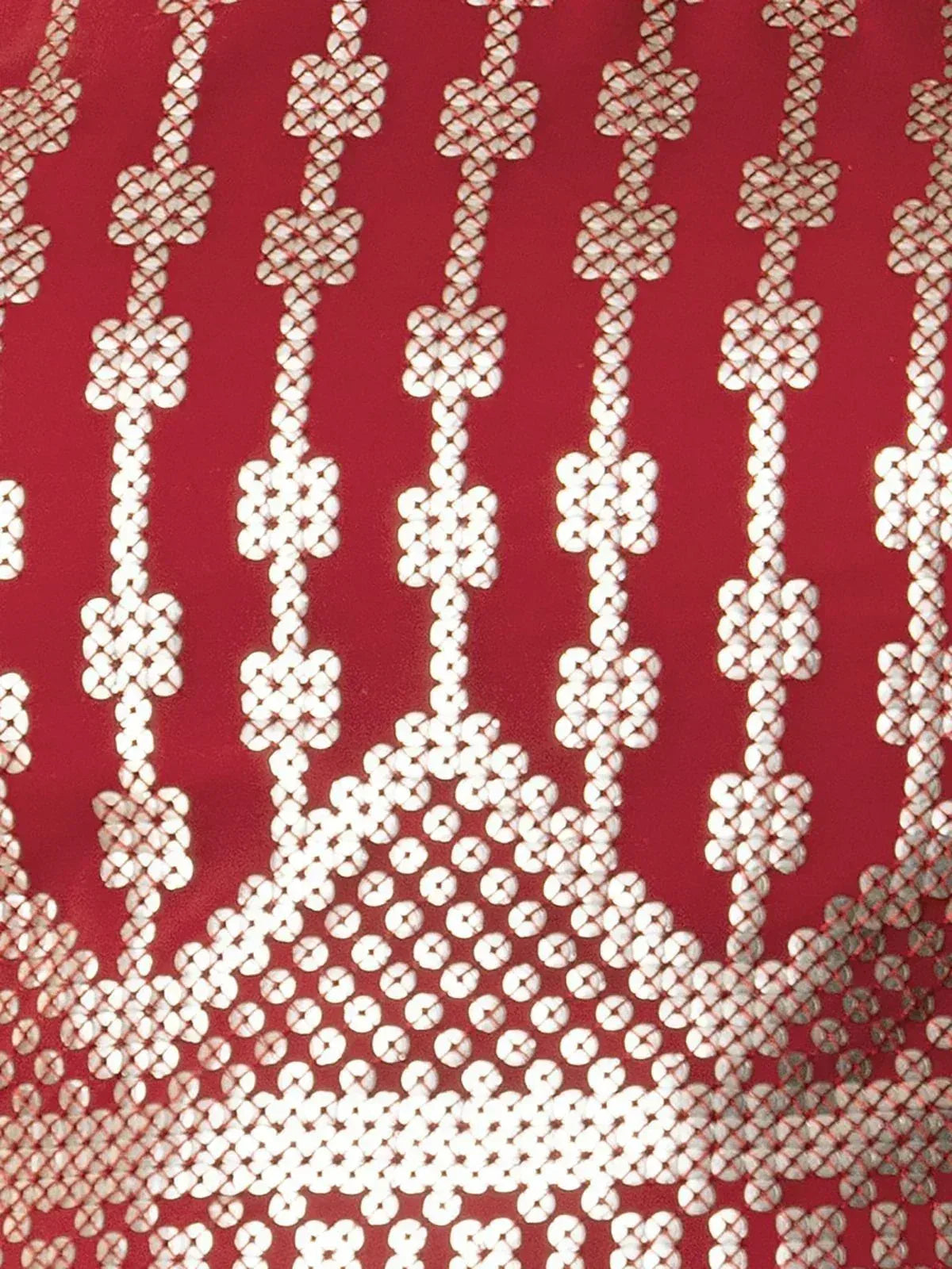 Red ethnic fabric with white floral sequin embroidery, perfect for lehenga choli or saree designs