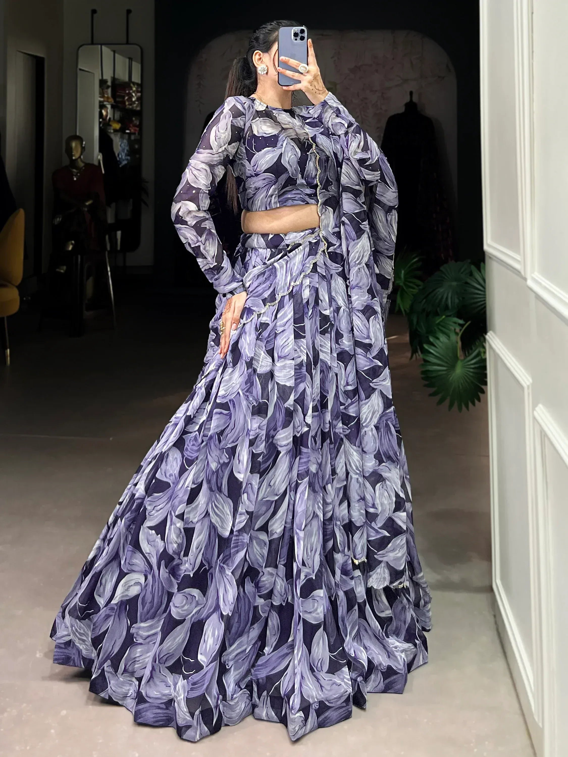 Purple floral print lehenga choli with long sleeves, perfect for Indian ethnic wear occasions