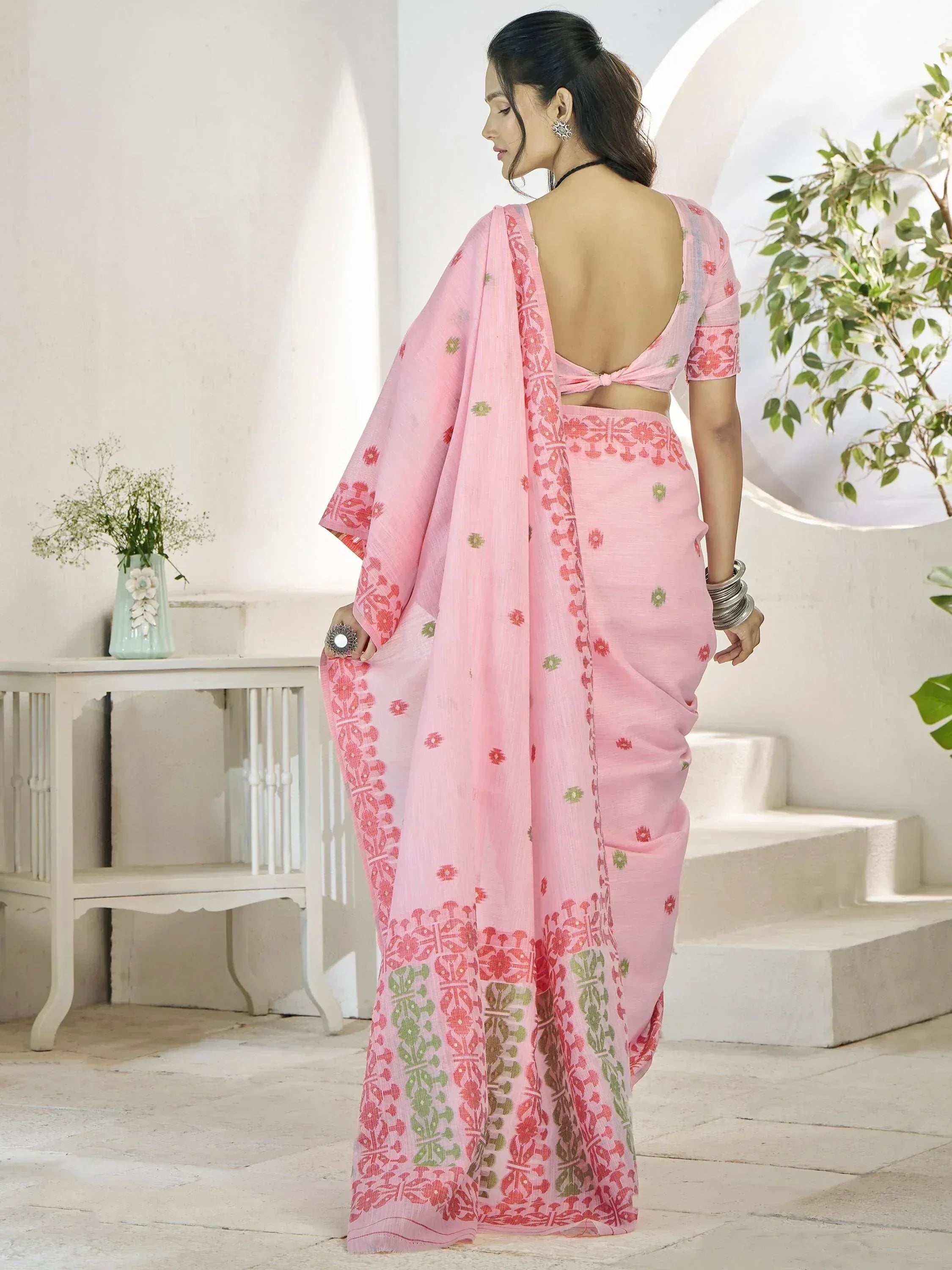Pink floral printed saree with backless blouse, ethnic Indian wear for women