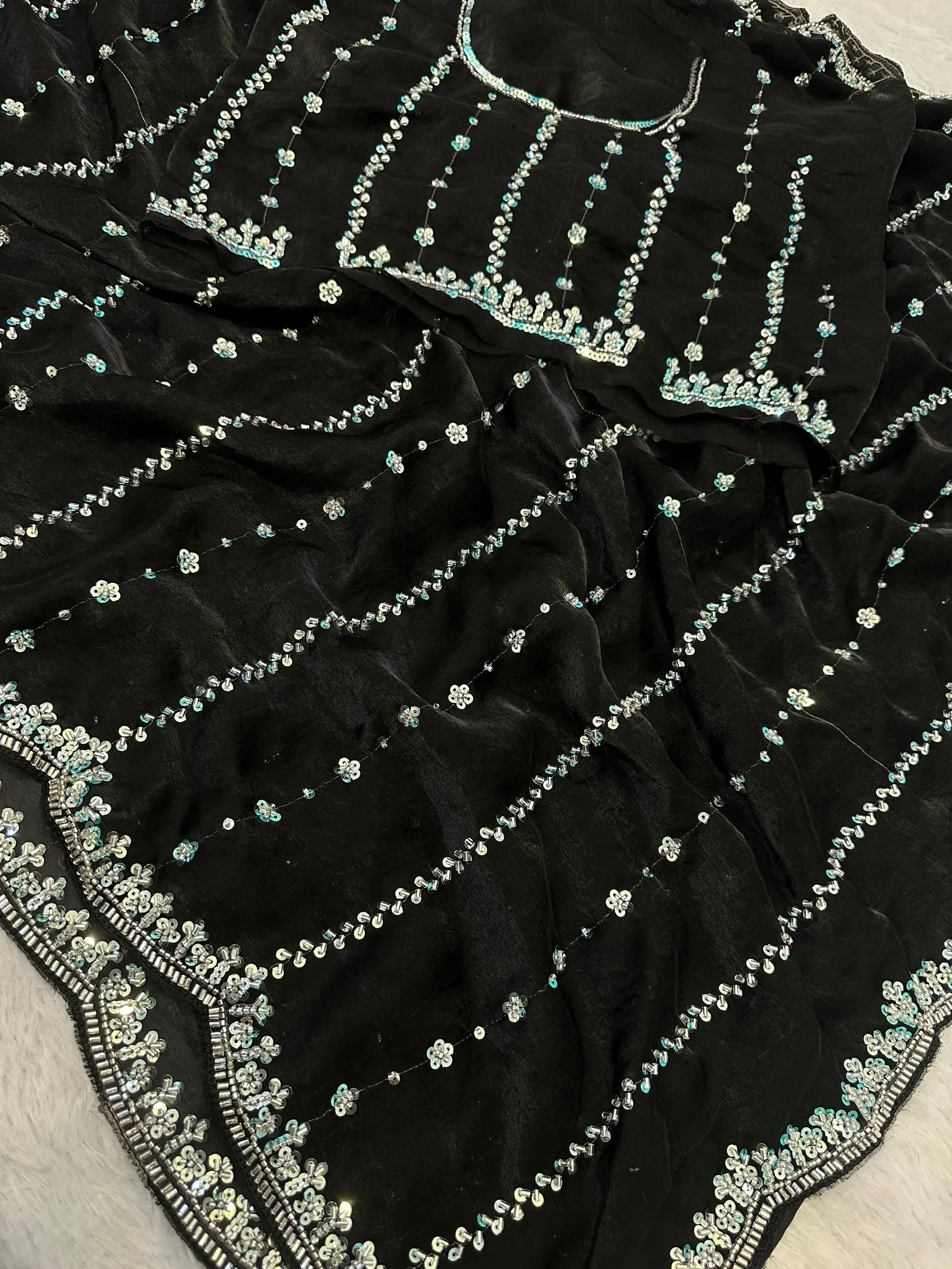 Adorable Black Beads Work Satin Party Wear Saree With Blouse