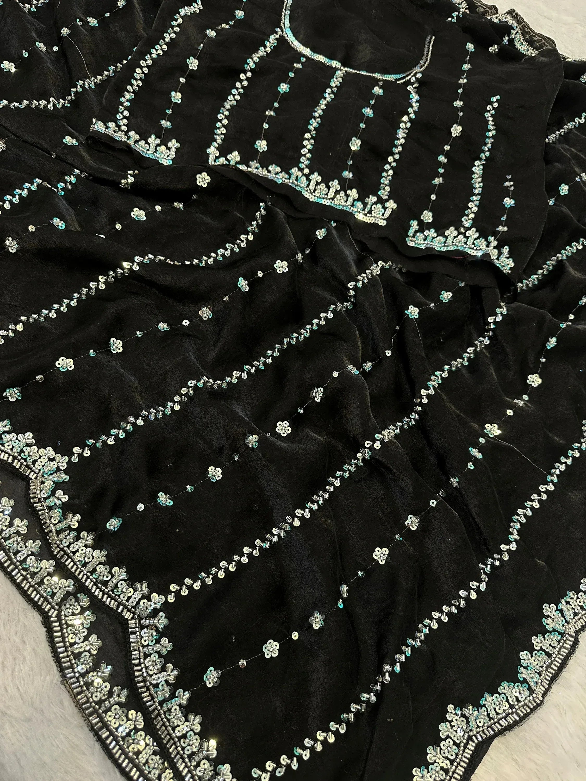 Adorable Black Beads Work Satin Party Wear Saree With Blouse