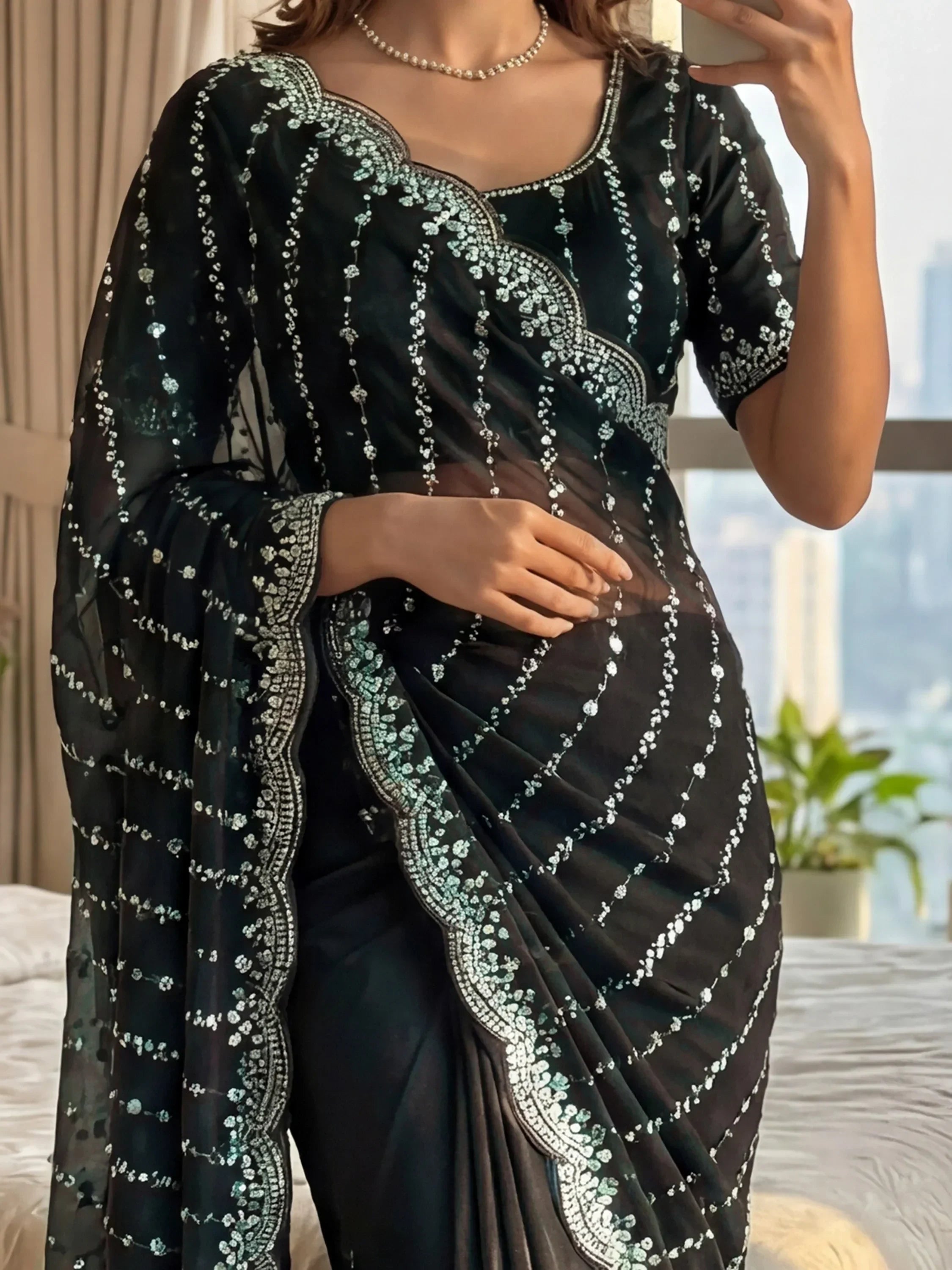 Adorable Black Beads Work Satin Party Wear Saree With Blouse