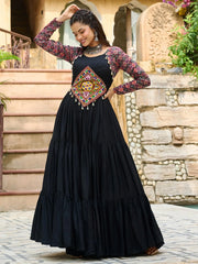 Intricate Black Georgette Printed Festival Wear Layered Gown