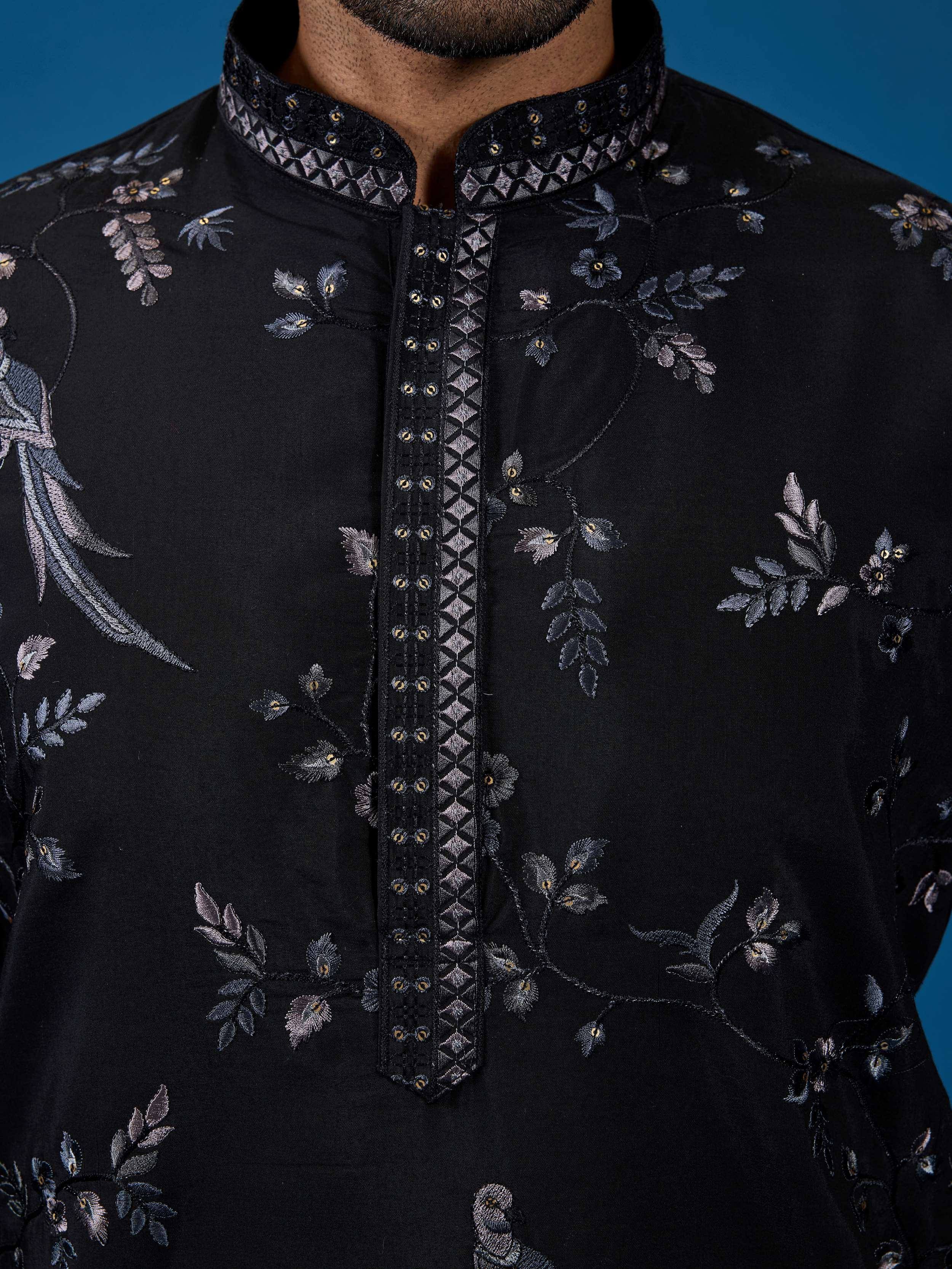 Stunning Black Thread Embroidered Silk Wedding Wear Men Kurta