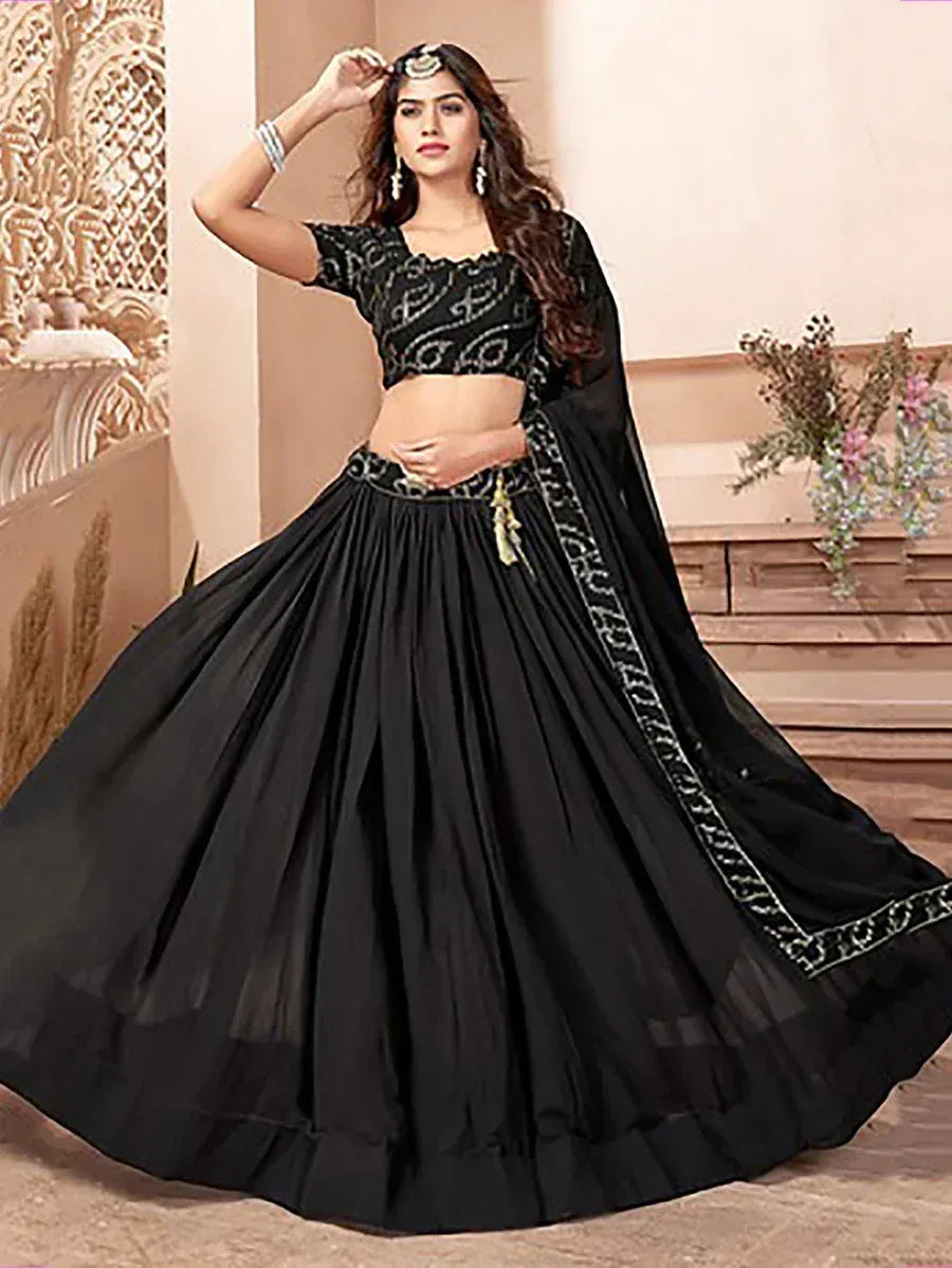 Black embroidered lehenga choli with sheer dupatta, Indian ethnic wear for women