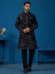 Stunning Black Thread Embroidered Silk Wedding Wear Men Kurta