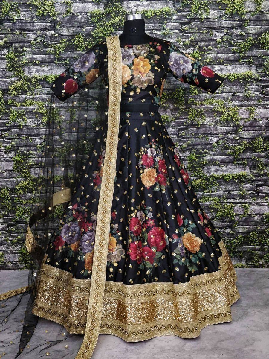 Black floral lehenga choli with gold embroidery and dupatta, ethnic Indian wear for weddings