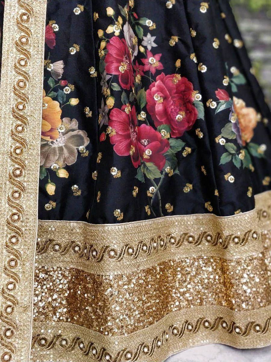 Black floral lehenga with gold embroidery and sequin border, Indian ethnic wear