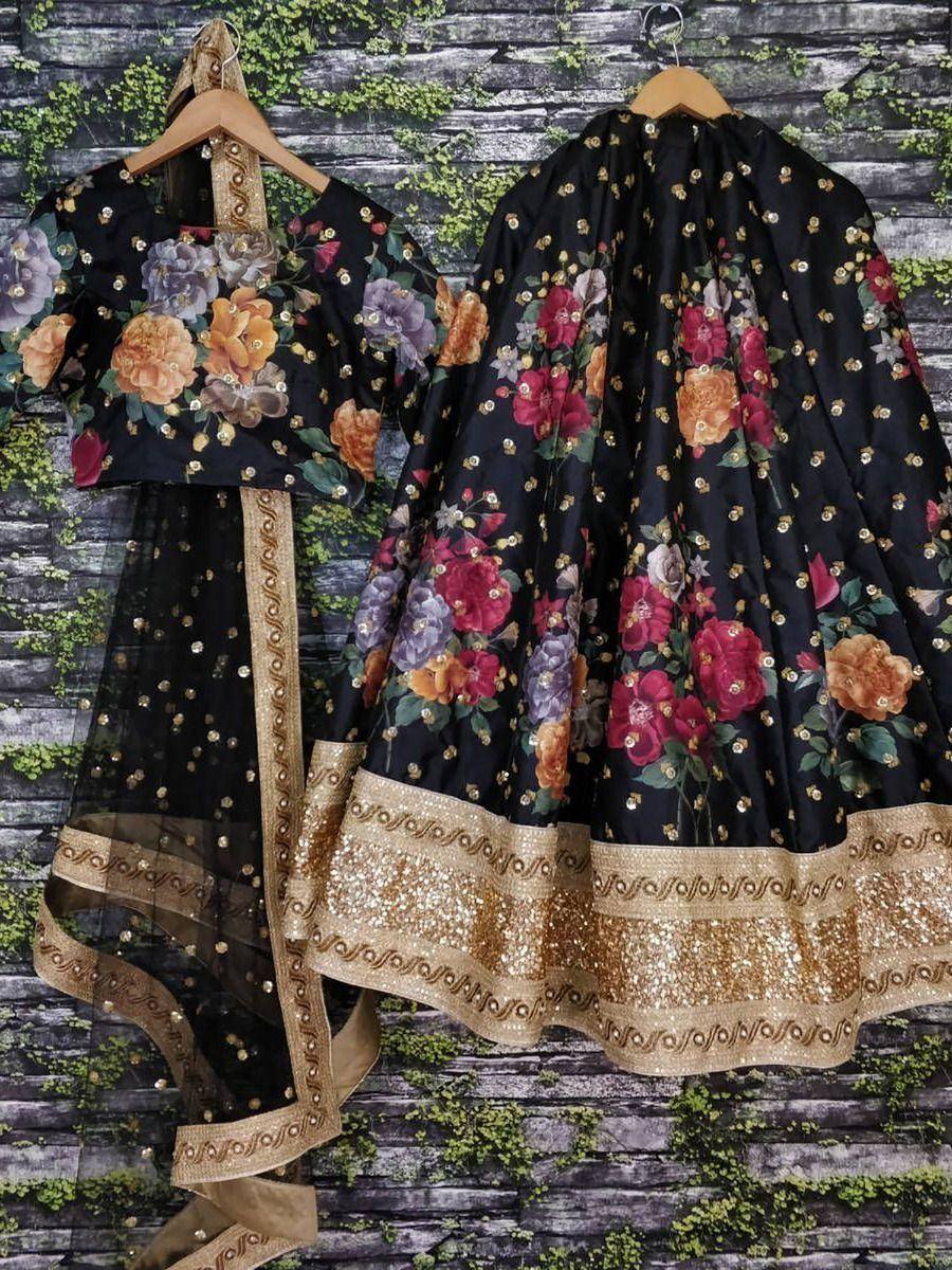 Black floral lehenga choli with gold embroidery and sequins, perfect for Indian ethnic occasions