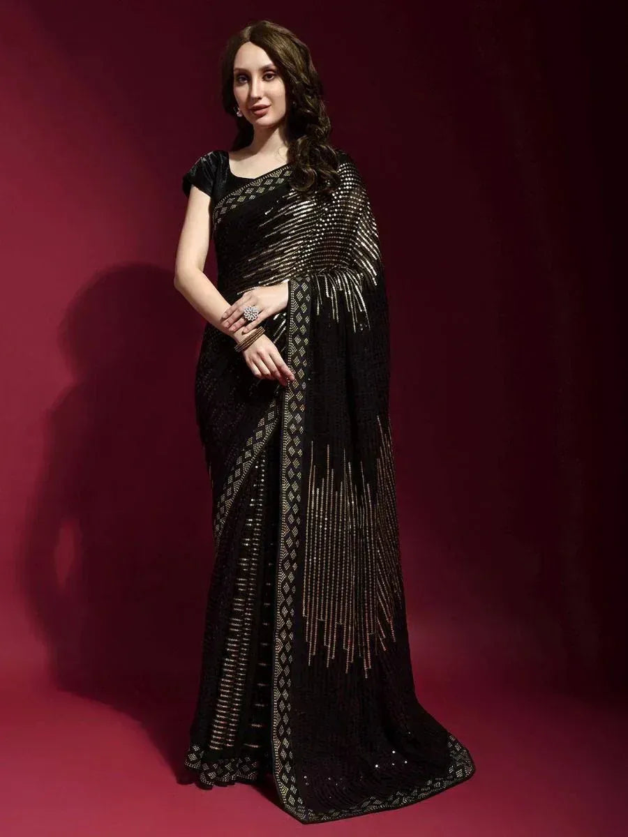 Black designer saree with gold sequin work, elegant ethnic wear for women