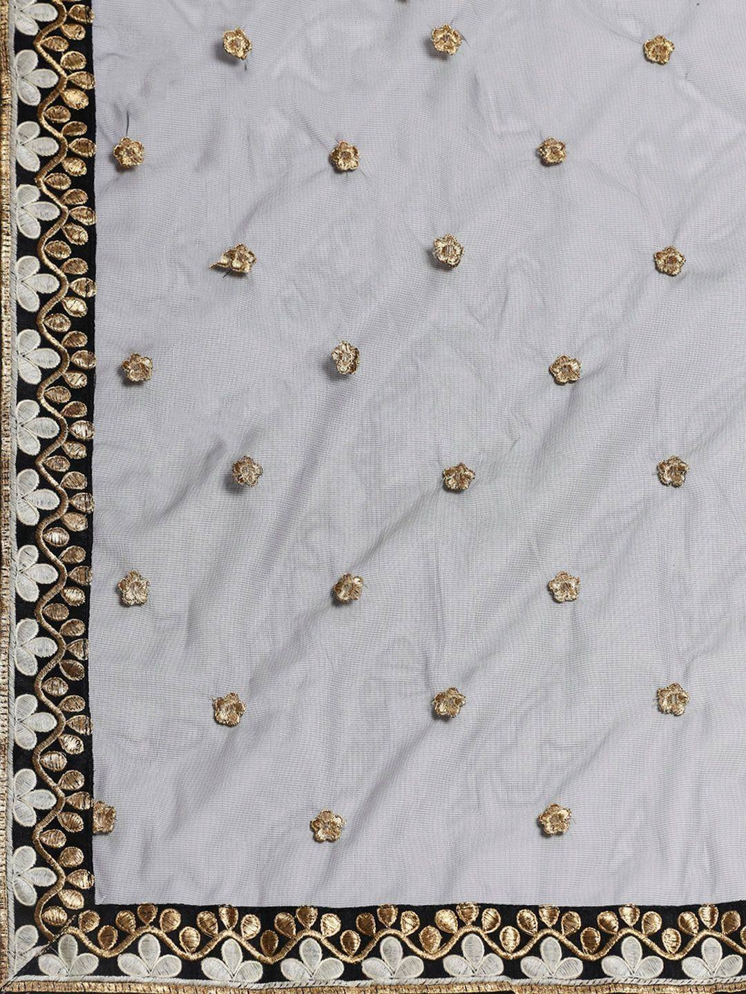 Grey ethnic dupatta with gold floral embroidery and black border, perfect for Indian wear