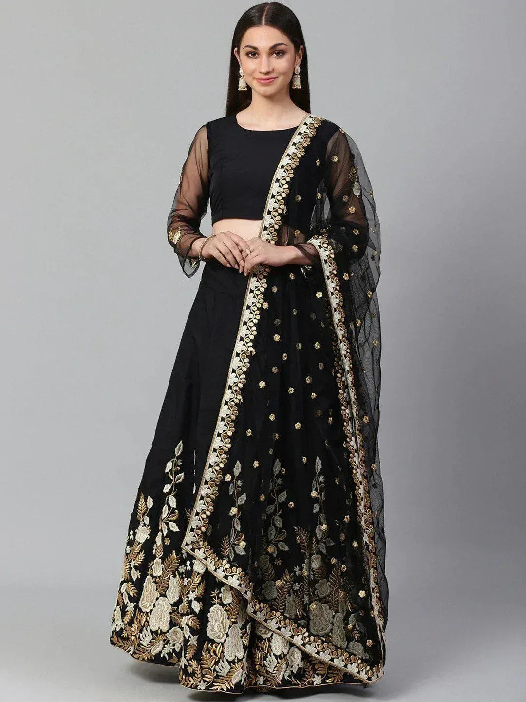 Black lehenga choli with gold floral embroidery and sheer dupatta, Indian ethnic wear