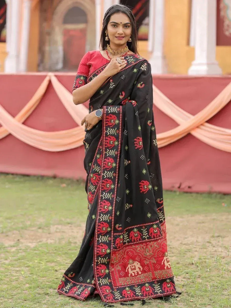 Stunning Black Kachhi Embroidery Silk Festival Panetar Saree With Blouse