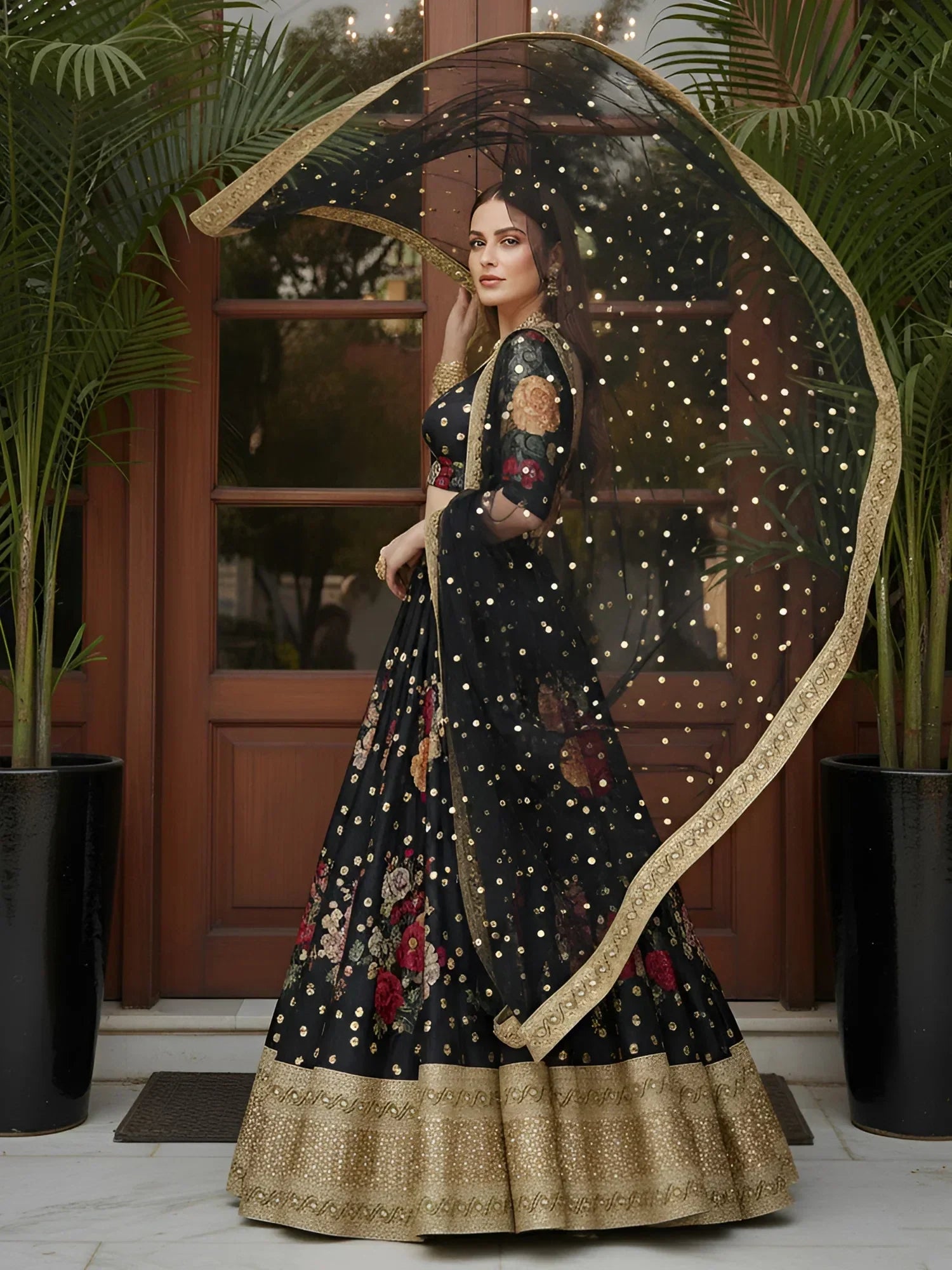 Lovable Black Floral Printed Silk Reception Wear Lehenga Choli With Dupatta