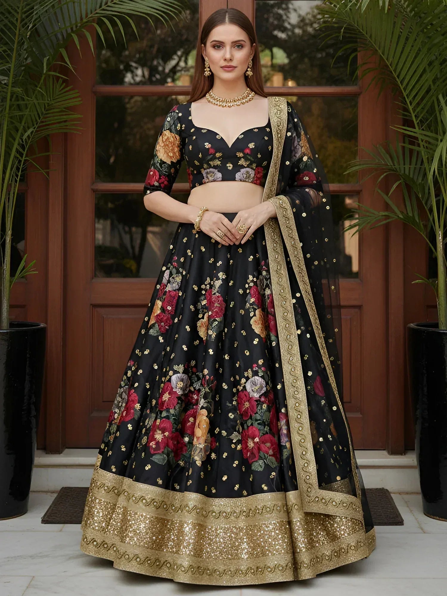 Black floral lehenga choli with gold embroidery, perfect for Indian weddings and festive occasions.