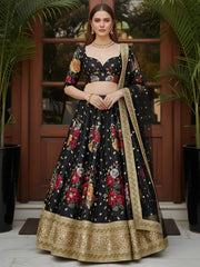 Lovable Black Floral Printed Silk Reception Wear Lehenga Choli With Dupatta