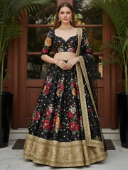 Lovable Black Floral Printed Silk Reception Wear Lehenga Choli With Dupatta