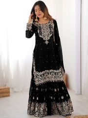 Attractive Black Embroidered Georgette Festival Wear Sharara Suit