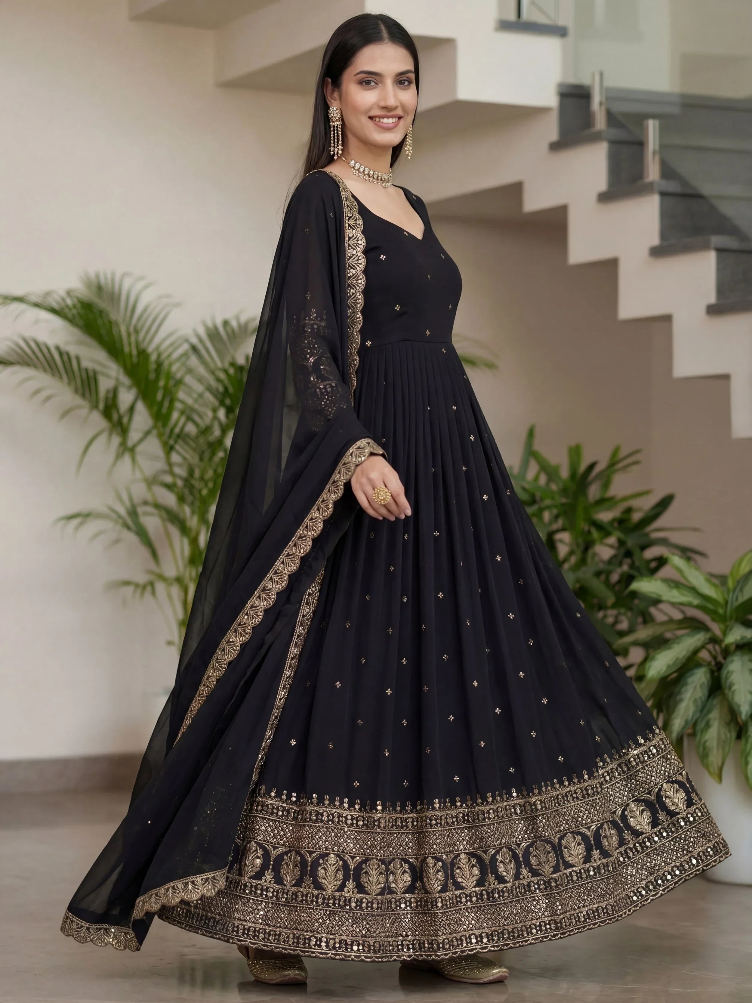 Captivating Black Sequins Silk Festive Wear Gown With Dupatta