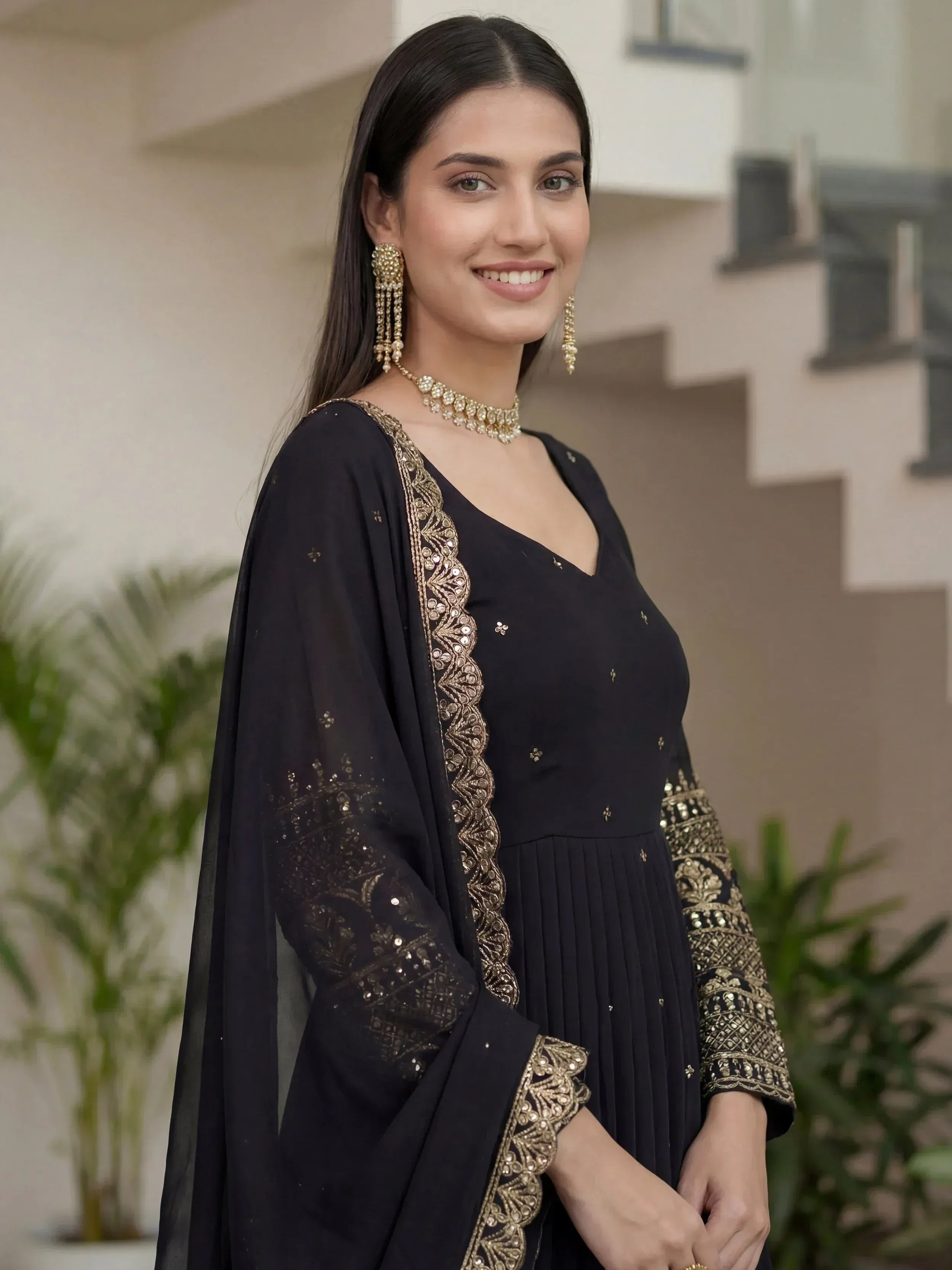Captivating Black Sequins Silk Festive Wear Gown With Dupatta