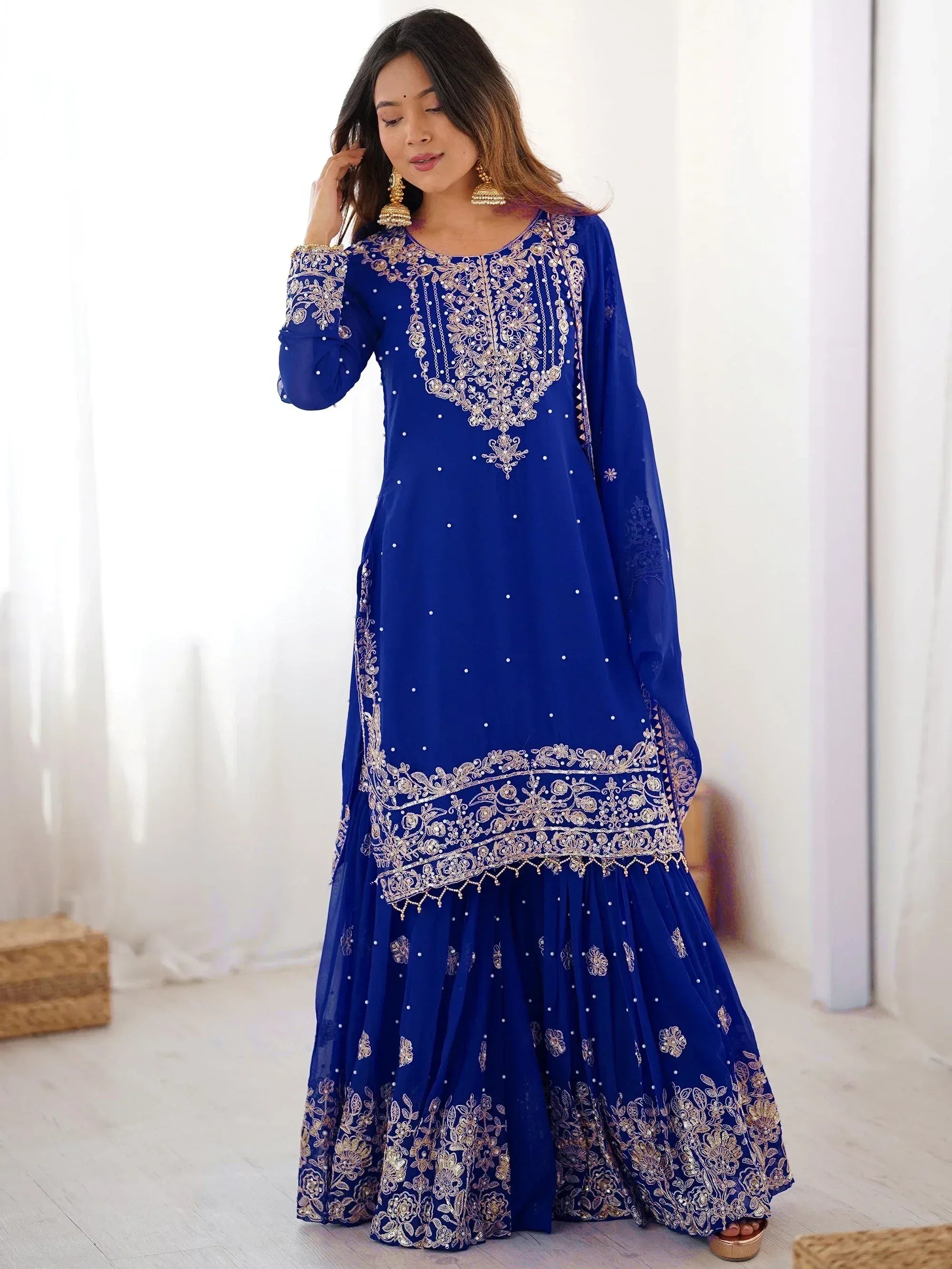Awesome Blue Embroidered Georgette Wedding Wear Sharara Suit