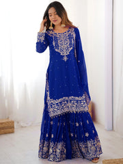 Awesome Blue Embroidered Georgette Wedding Wear Sharara Suit
