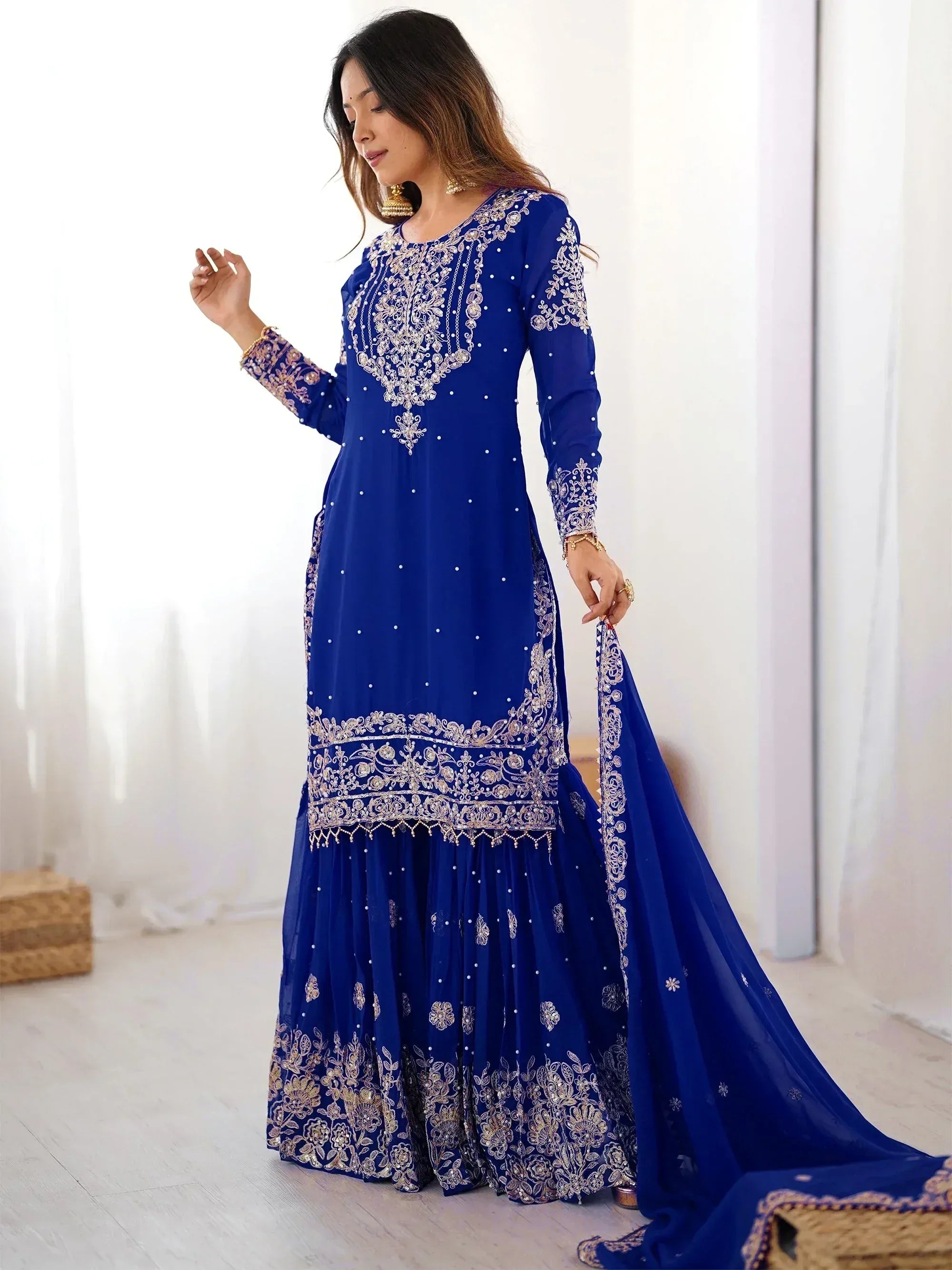 Awesome Blue Embroidered Georgette Wedding Wear Sharara Suit