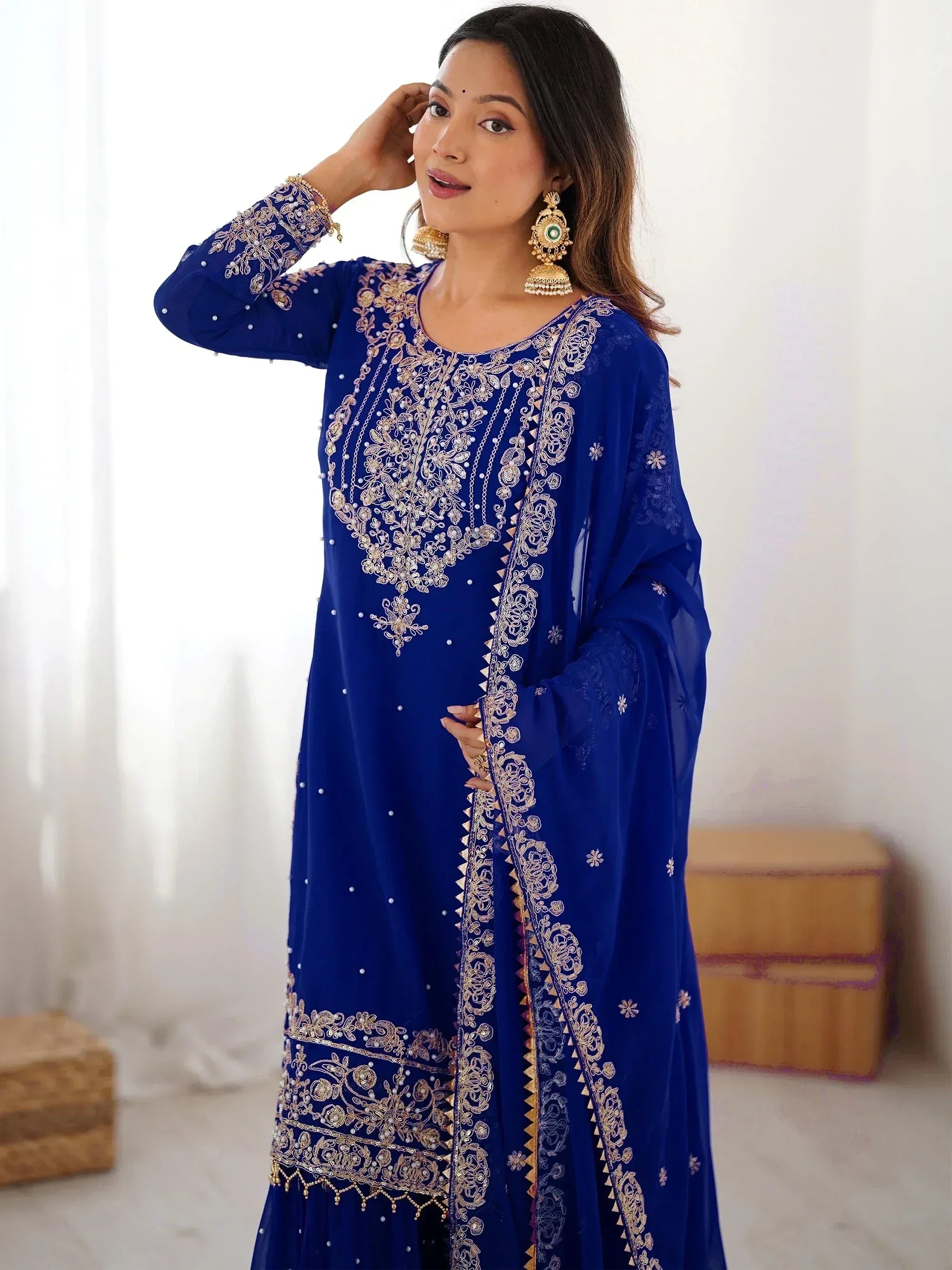 Awesome Blue Embroidered Georgette Wedding Wear Sharara Suit