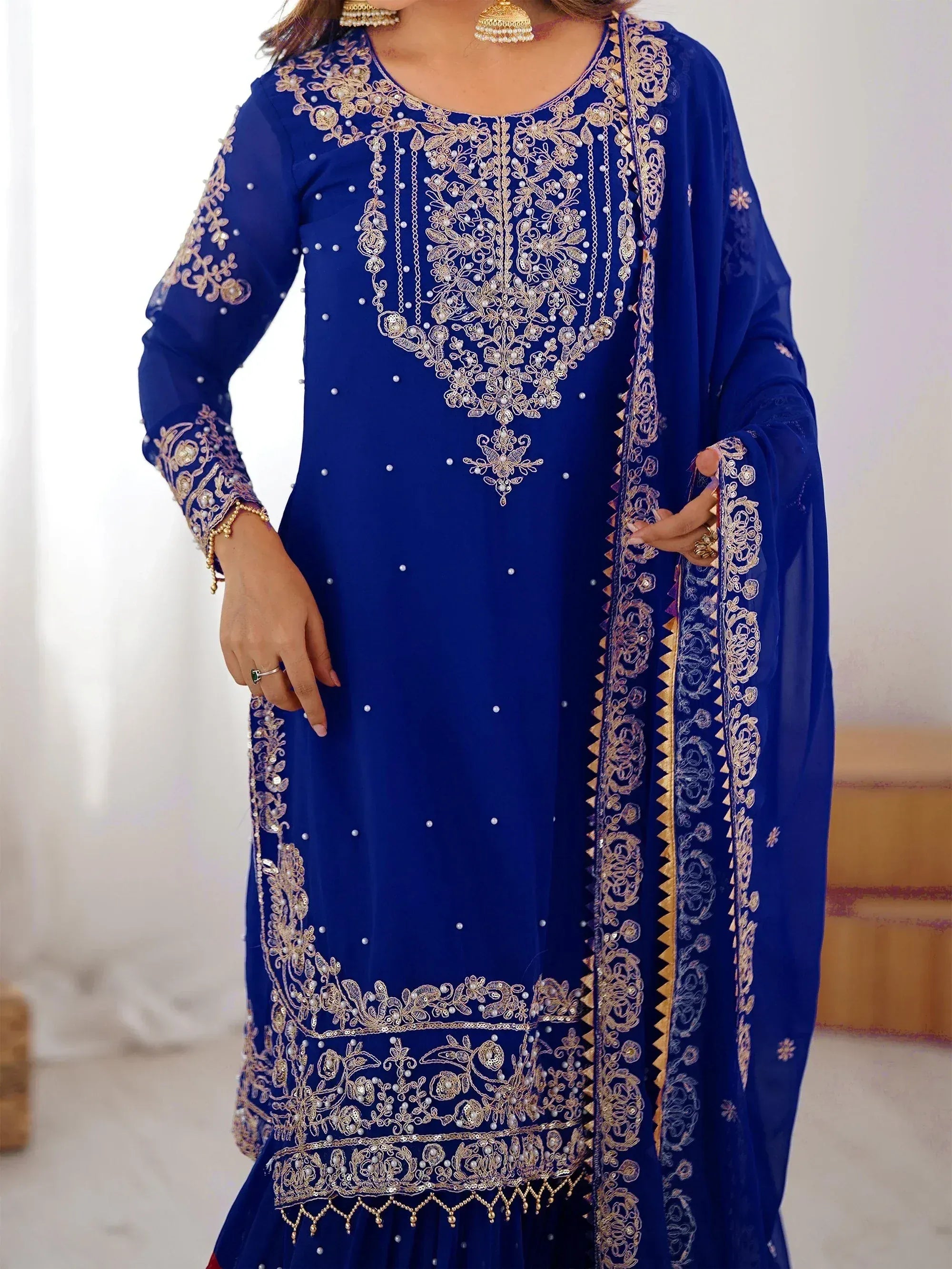 Awesome Blue Embroidered Georgette Wedding Wear Sharara Suit