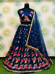 Captivating Navy Blue Net Embroidered Lehenga Choli With Dupatta