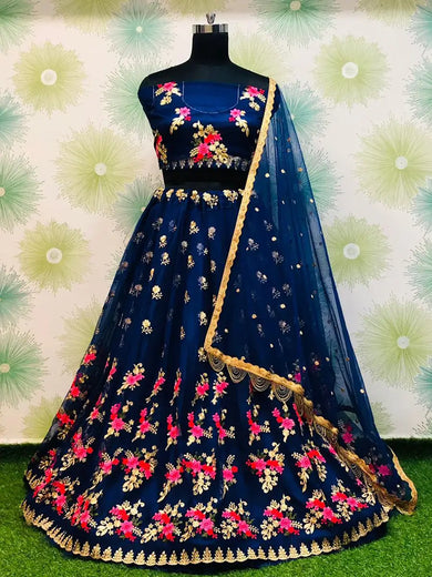 Captivating Navy Blue Net Embroidered Lehenga Choli With Dupatta