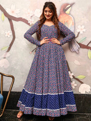 Graceful Blue Crepe Digital Printed Casual Wear Anarkali Gown