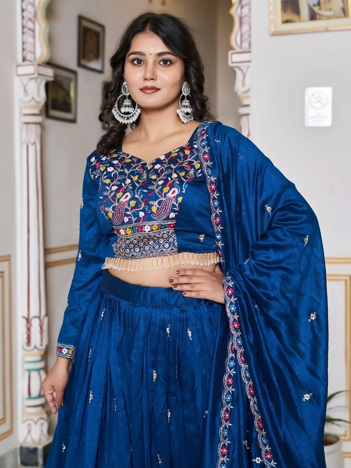 Blue embroidered lehenga choli with peacock design, perfect for Indian ethnic wear occasions
