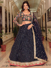 Gleaming Blue Net Sequins Work Party Wear Lehenga Choli With Dupatta