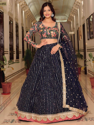 Gleaming Blue Net Sequins Work Party Wear Lehenga Choli With Dupatta