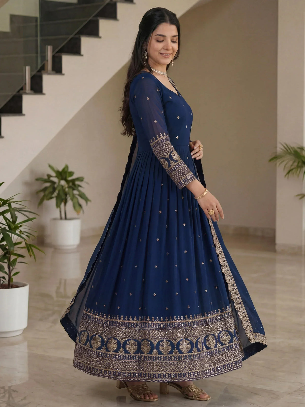 Navy blue anarkali with gold embroidery, perfect for Indian ethnic wear and festive occasions.