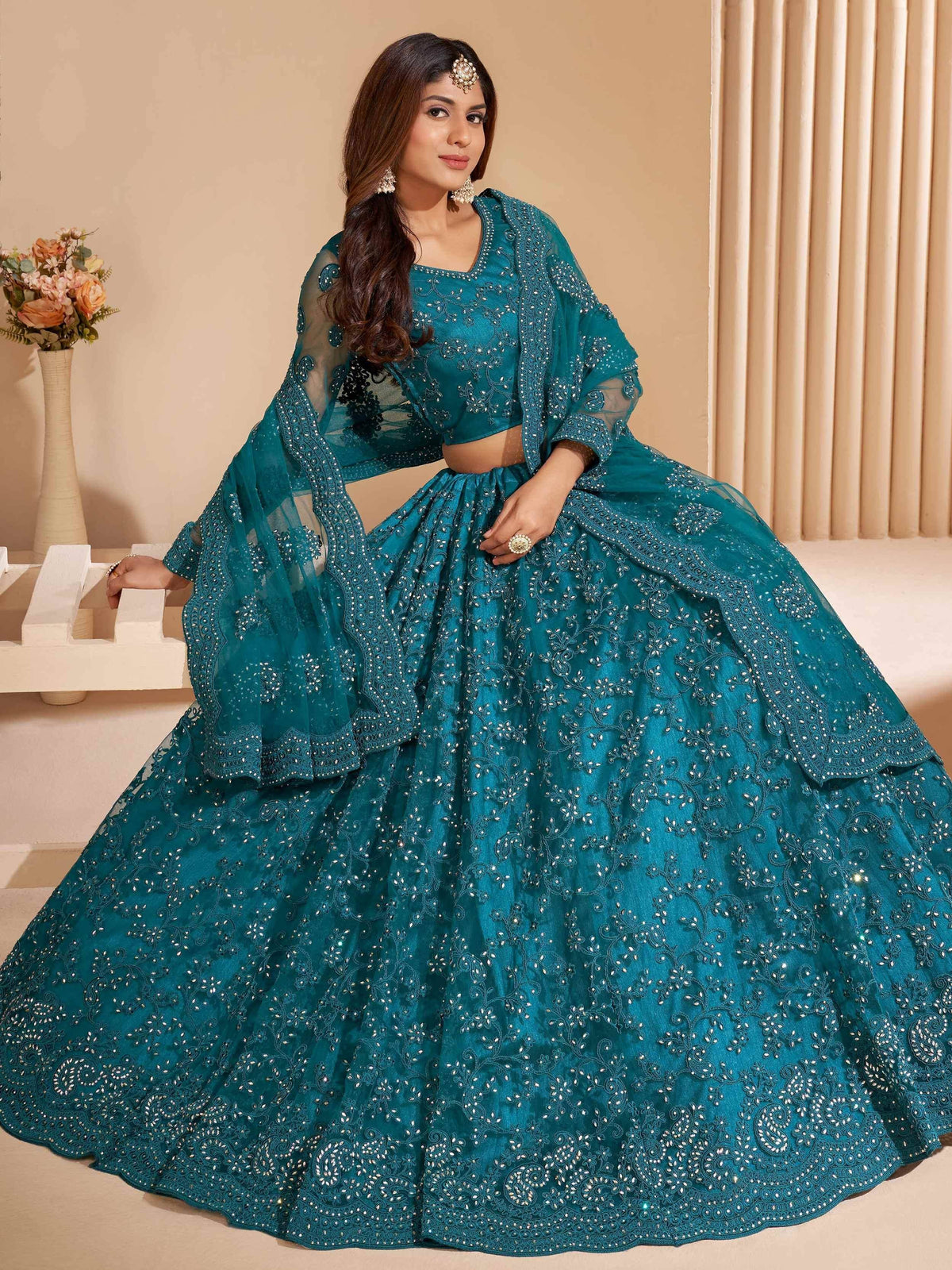 Teal embroidered lehenga choli with sheer dupatta, Indian ethnic wear for weddings and parties