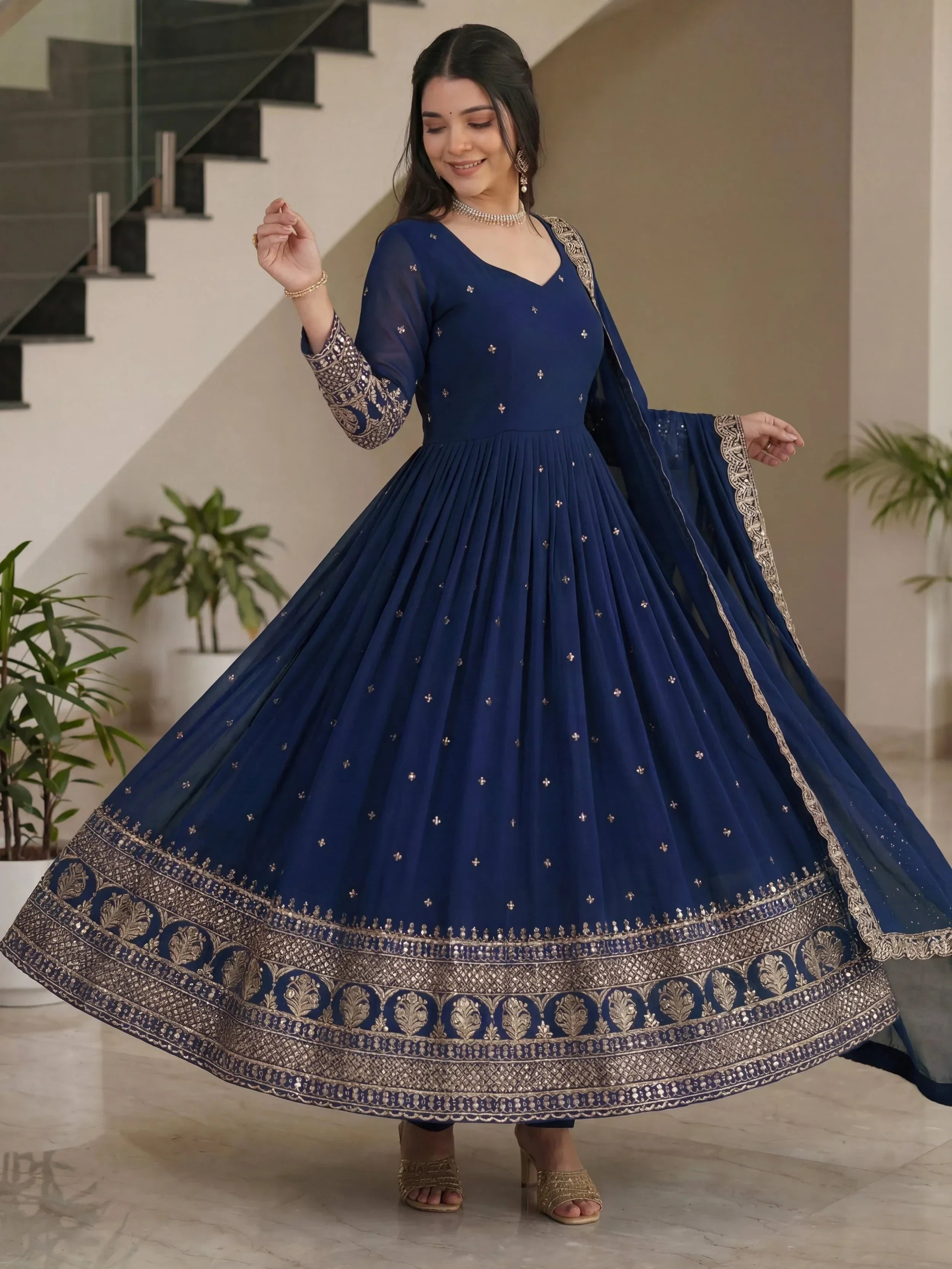 Gorgeous Blue Sequins Silk Wedding Wear Gown With Dupatta