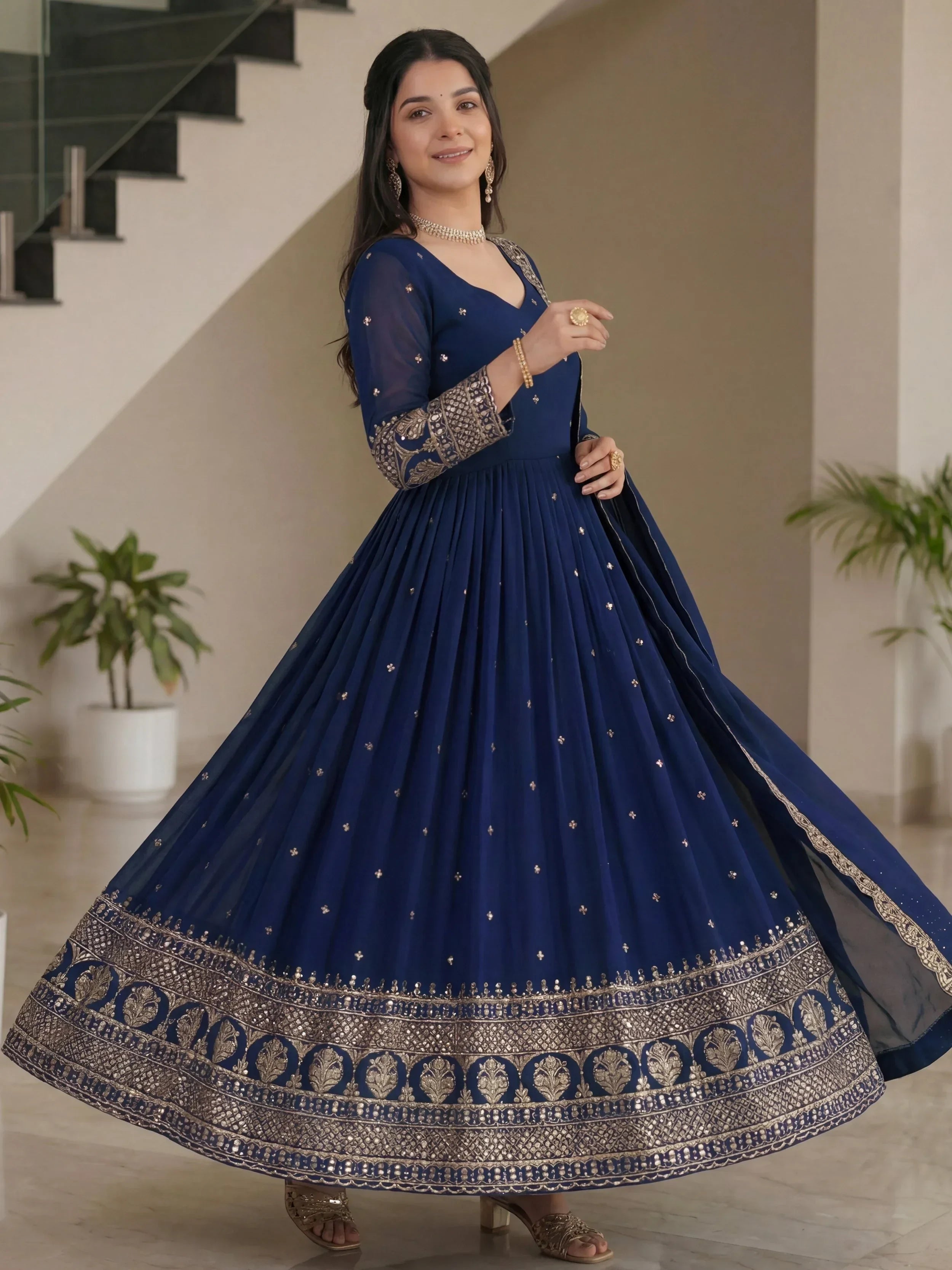 Gorgeous Blue Sequins Silk Wedding Wear Gown With Dupatta